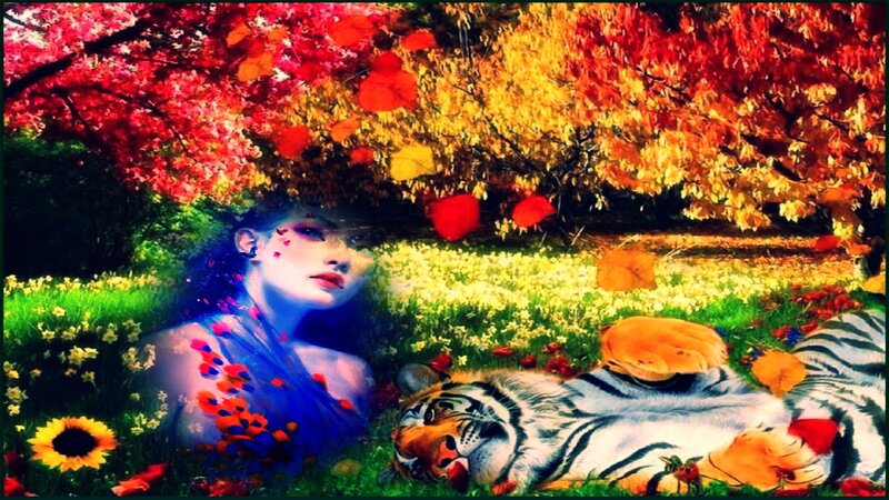 Woman with Tiger in Field