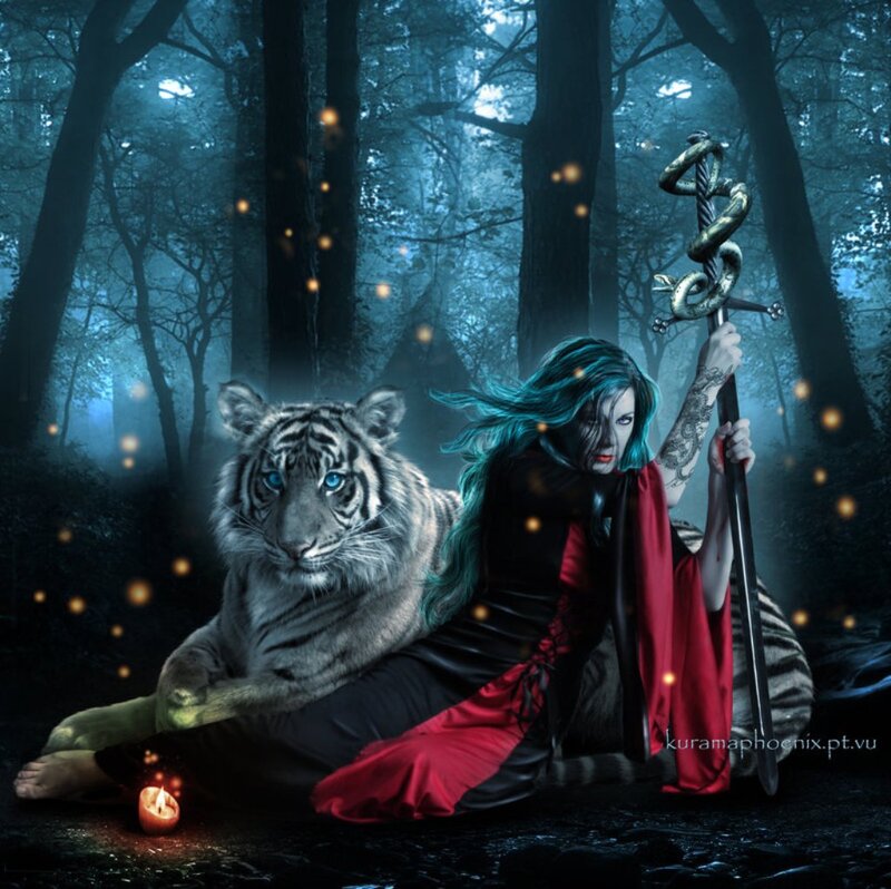 Woman with Tiger in Forest — Blue