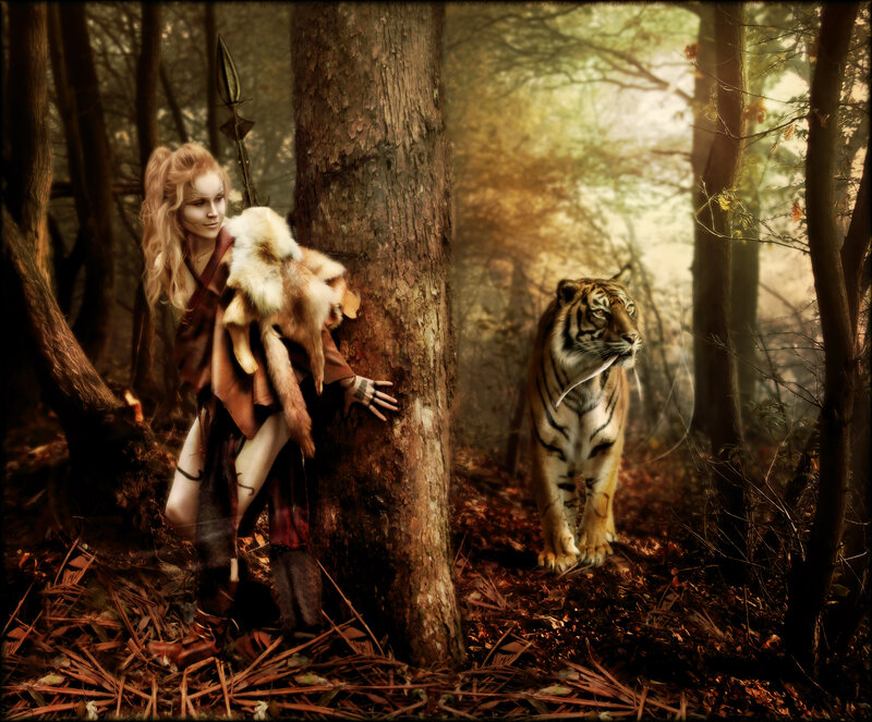 Woman with Tiger in Forest — Brown