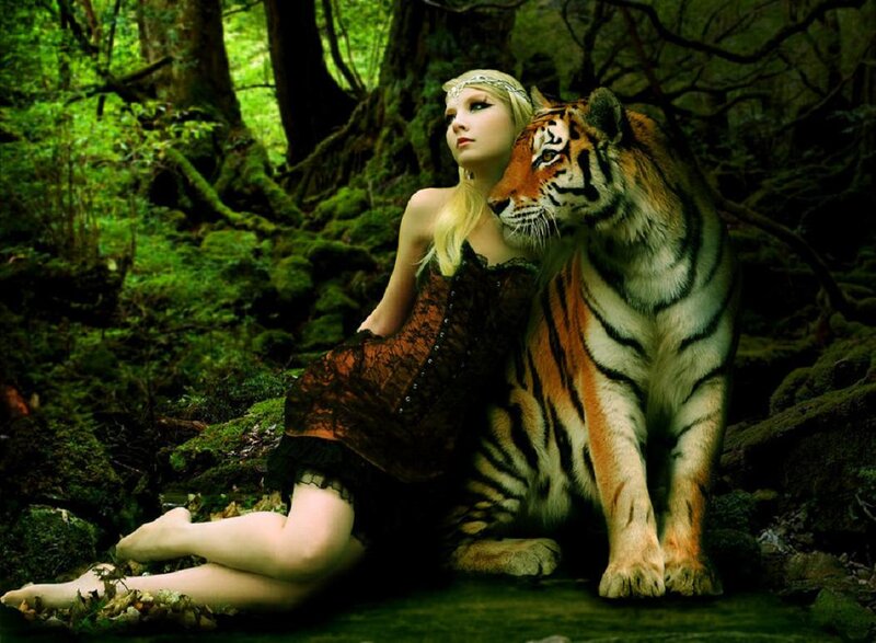 Woman with Tiger in Forest — Green, Dramatic