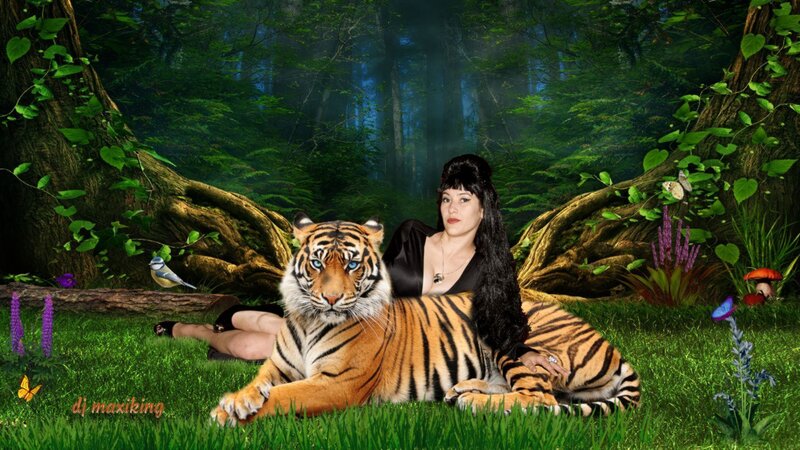 Woman with Tiger in Forest — Green, Serene, Afternoon