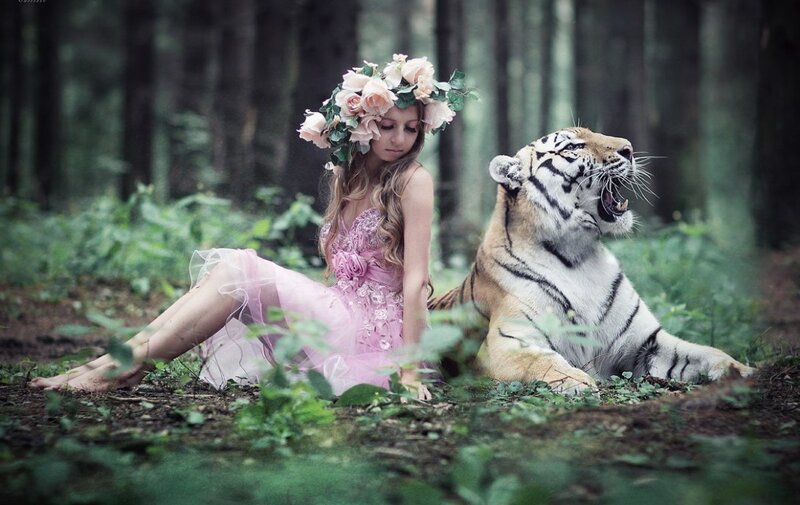Woman with Tiger in Forest — Green, Serene