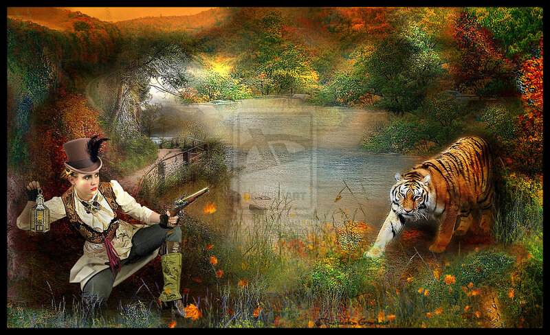 Woman with Tiger in Forest — Orange