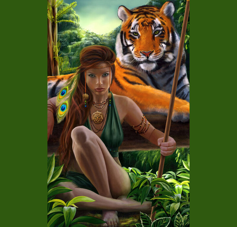 Woman with tiger in jungle