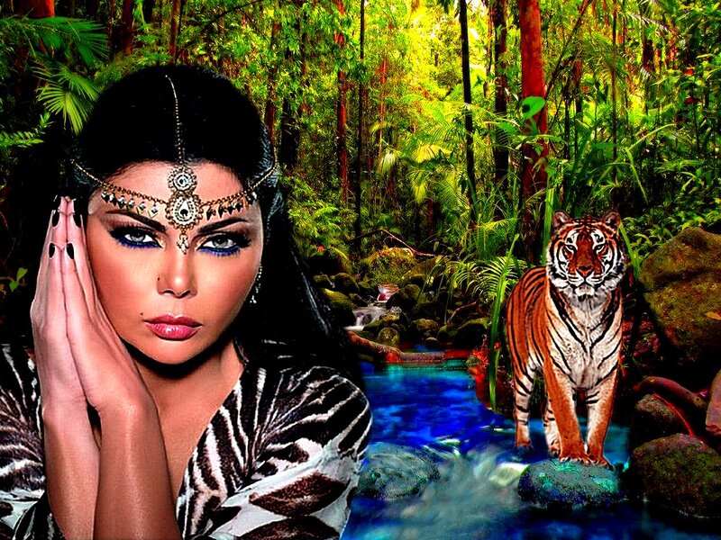 Woman with Tiger in Jungle — Green, Dramatic