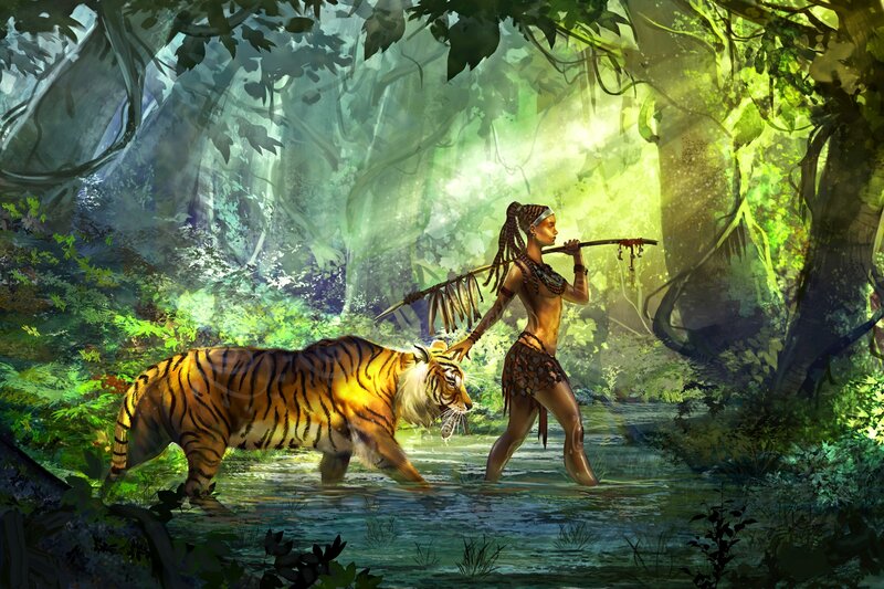 Woman with Tiger in Jungle — Green, Serene, Afternoon