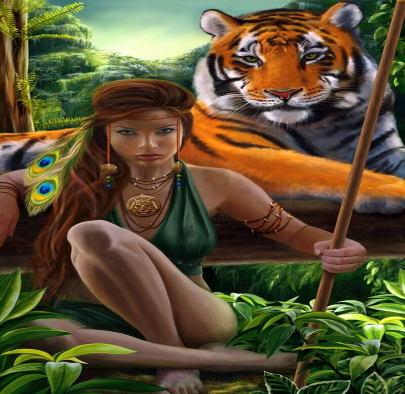 Woman with Tiger in Jungle — Green