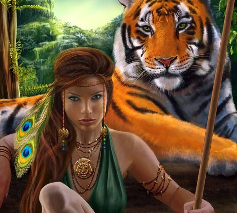woman with tiger in jungle
