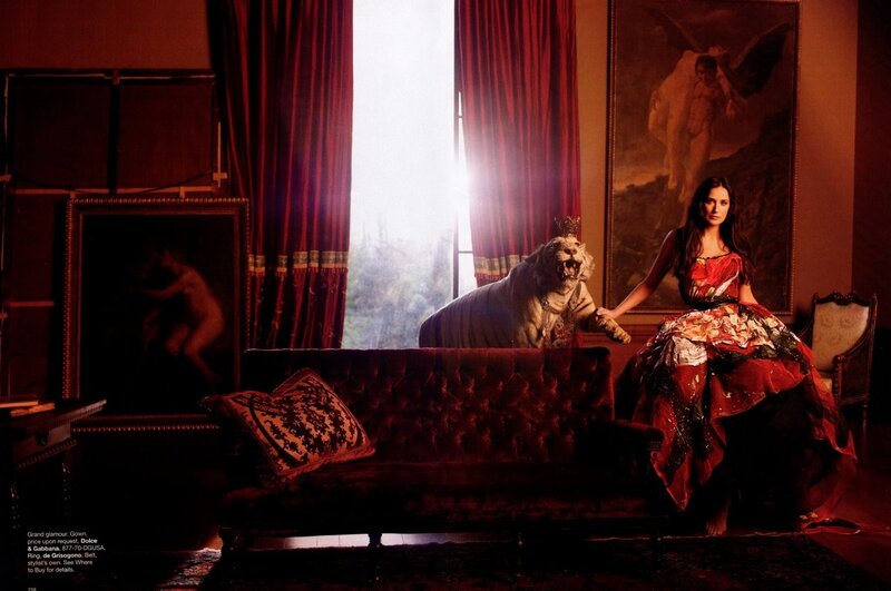 Woman with tiger in red room
