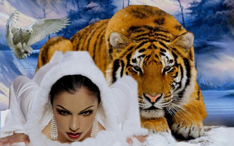 Woman with Tiger in Snow