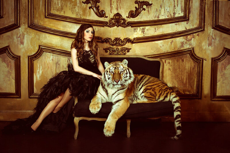 Woman with Tiger on Couch — Black