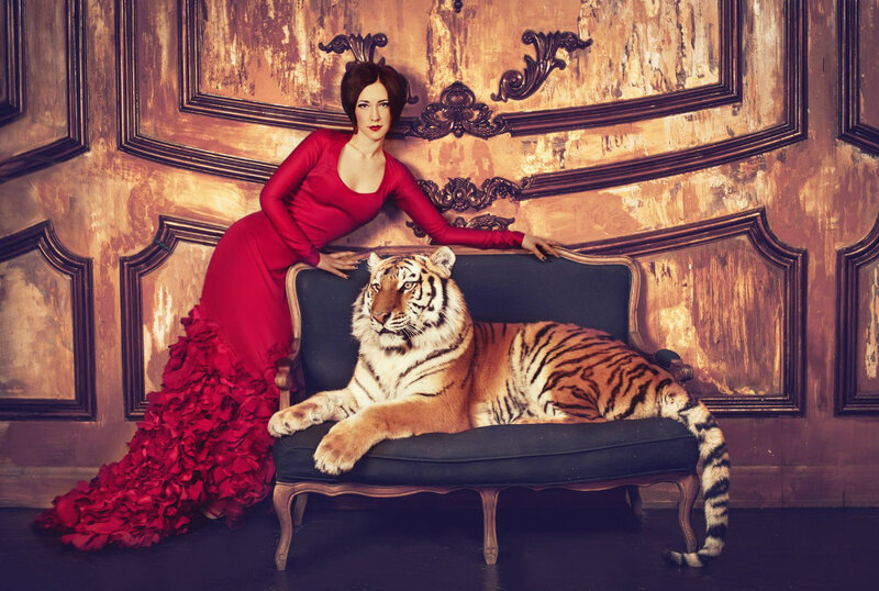 Woman with Tiger on Couch — Red