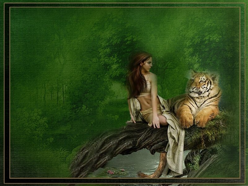 Woman with Tiger on Log