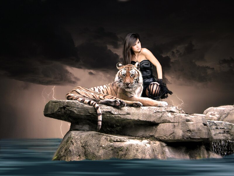 Woman with Tiger on Rock