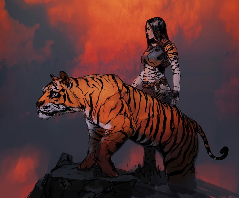 Woman with Tiger — Orange, Dramatic, Sunset