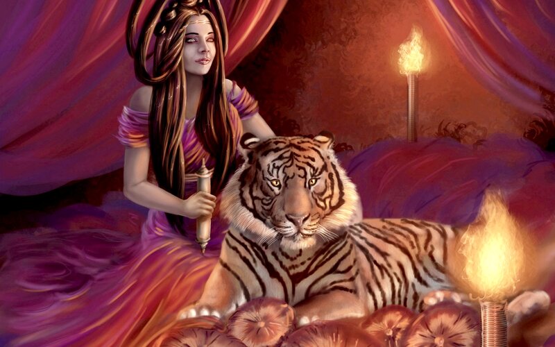 Woman with Tiger — Purple, Dramatic, Night, Digital Art