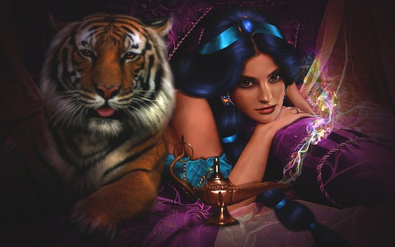 Woman with Tiger — Purple, Dramatic, Night