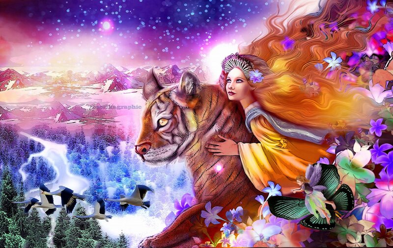 Woman with Tiger — Purple, Fantasy