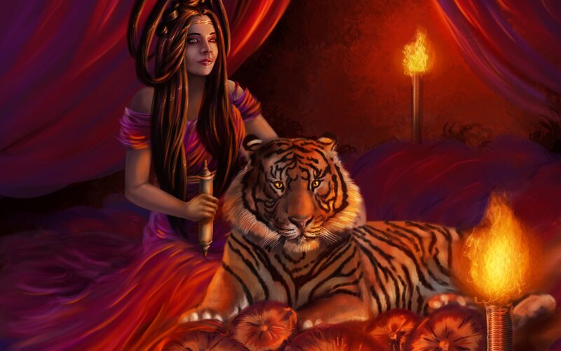 Woman with Tiger — Red, Dramatic, Night