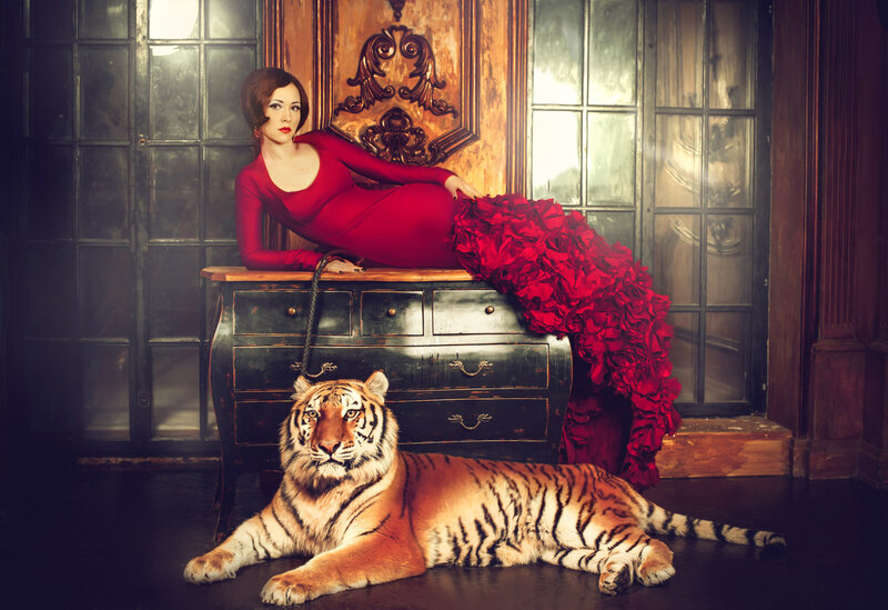 Woman with Tiger — Red, Dramatic, Photograph