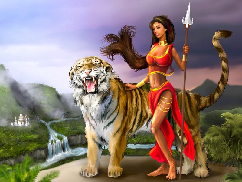 Woman with Tiger — Red, Dramatic, Sunset