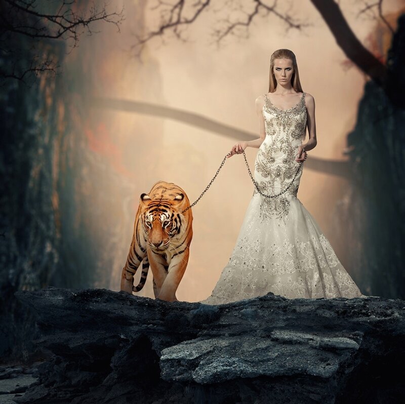 Woman with Tiger — White, Dramatic, Photograph, Chain