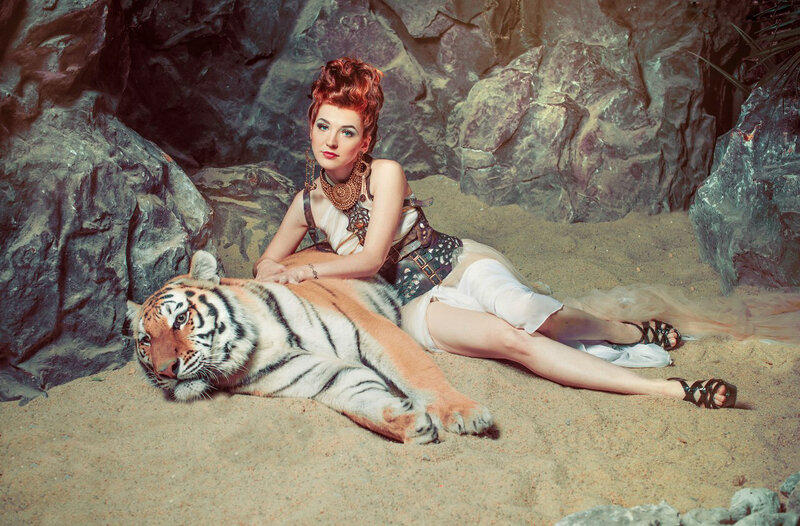 Woman with Tiger — White, Dramatic, Photograph