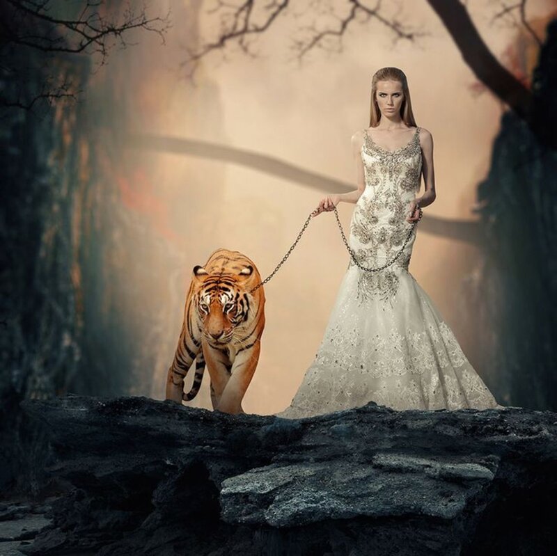 Woman with Tiger — White, Dramatic