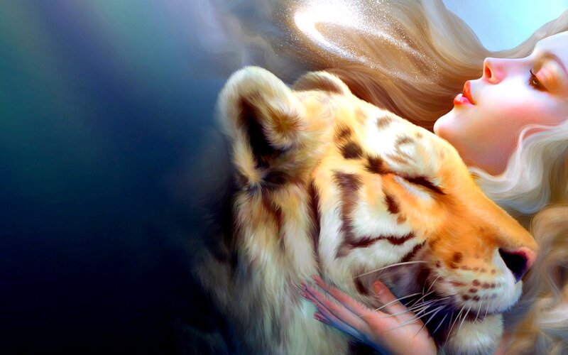 Woman with Tiger — White