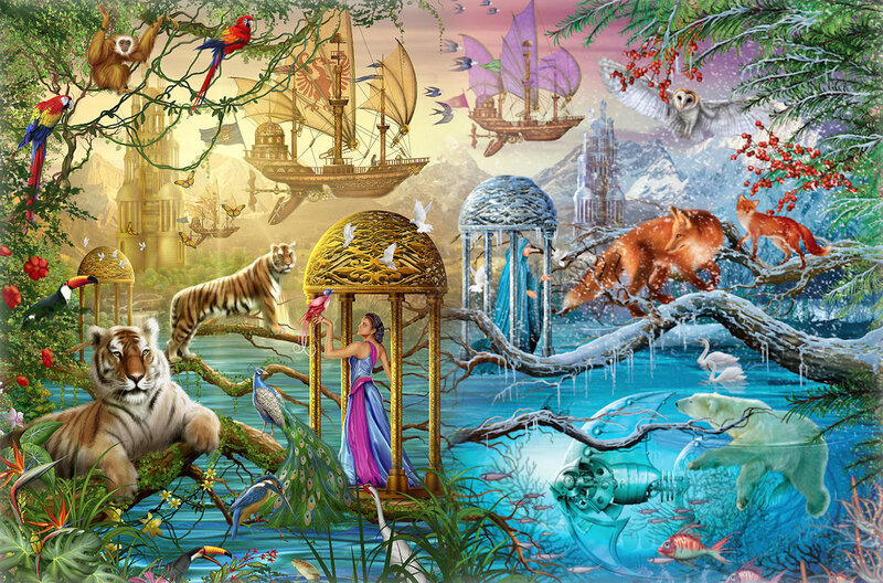 Woman with Tigers and Birds