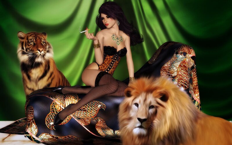 woman with tigers and lions