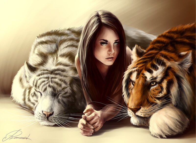 Woman with Tigers — Brown, Calm
