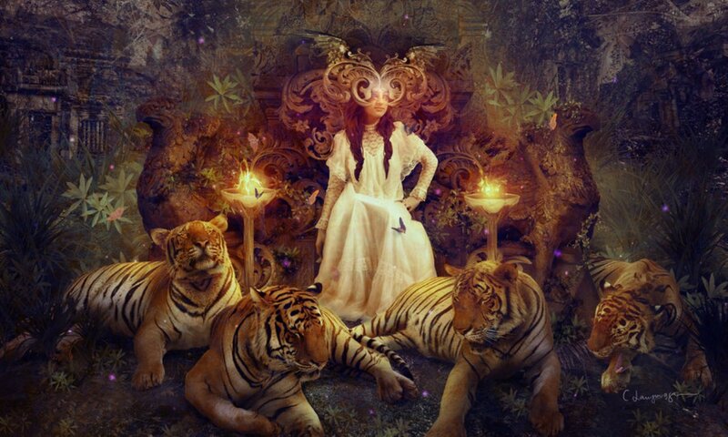 Woman with Tigers — Brown, Mystical