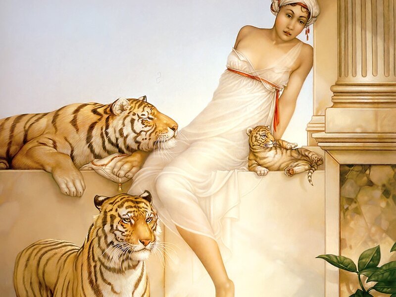 woman with tigers in classical setting