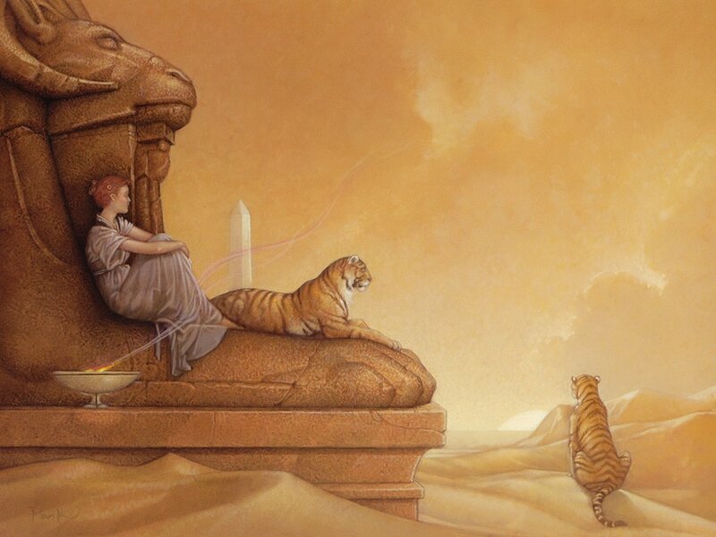 Woman with tigers in desert