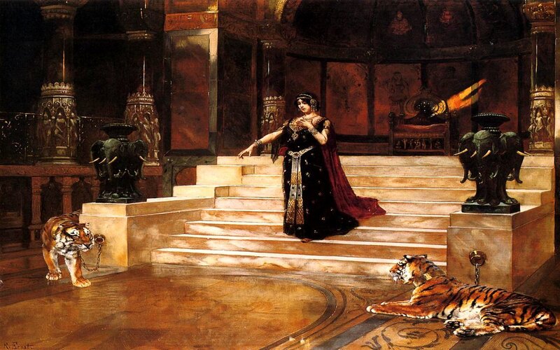 Woman with tigers in palace