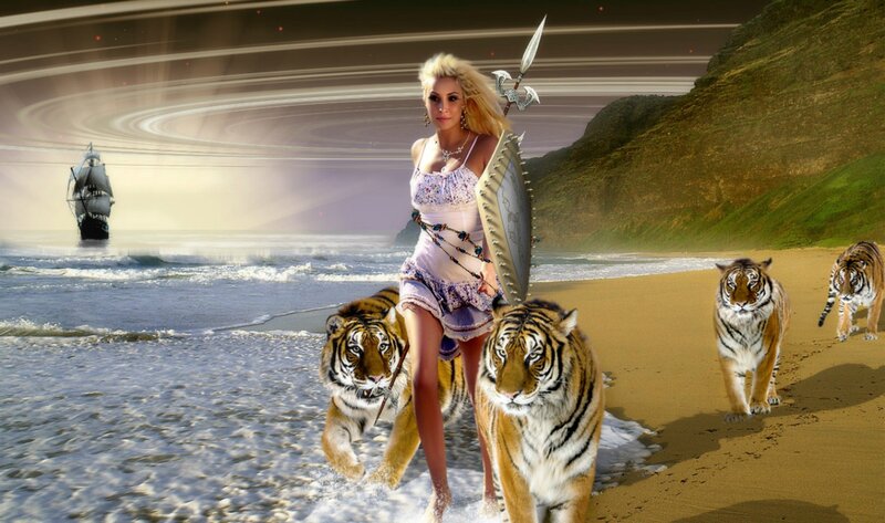 Woman with Tigers on Beach