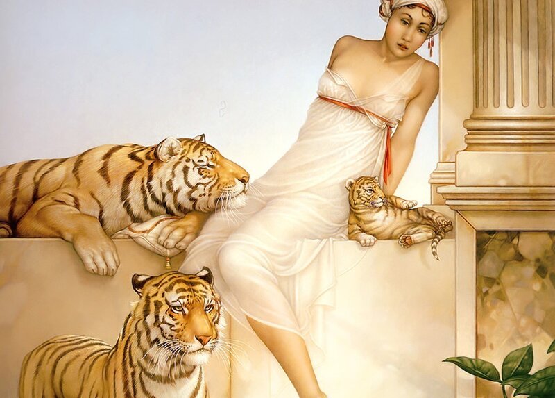 Woman with Tigers — White, Serene