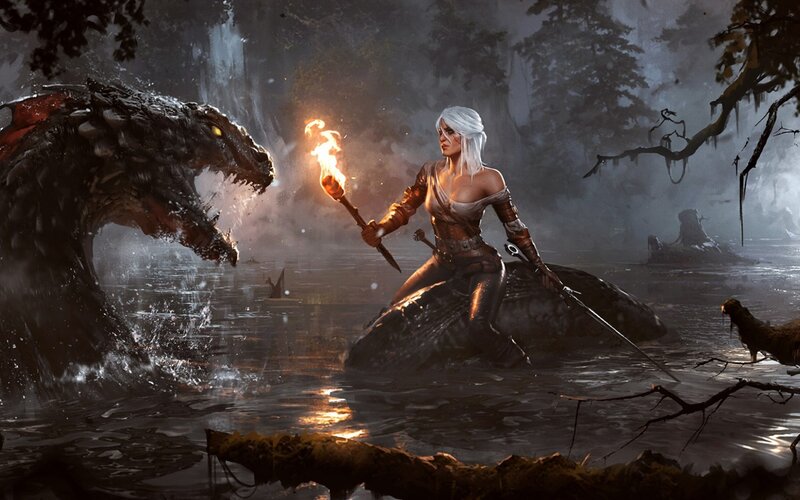 Woman with Torch Facing Dragon