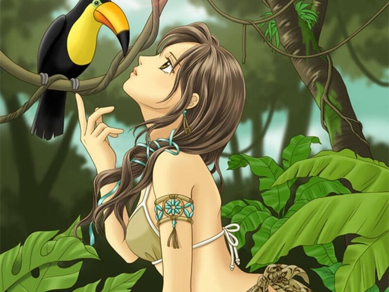 woman with toucan in jungle