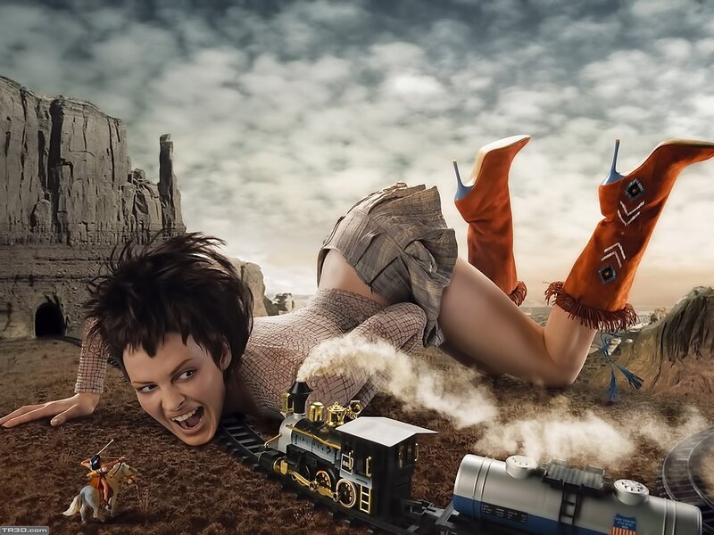 Woman with toy train in desert