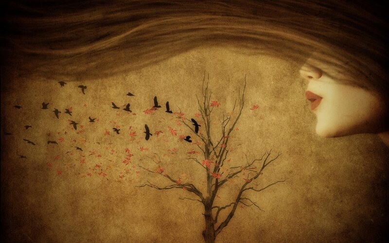 Woman with Tree and Birds — Brown