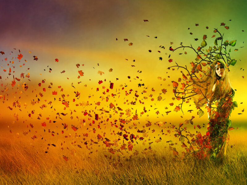 Woman with Tree Branches — Yellow, Dramatic, Autumn