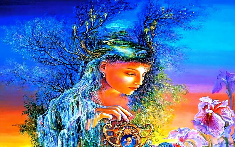 Woman with Tree Head — Blue, Dreamy, Sunset