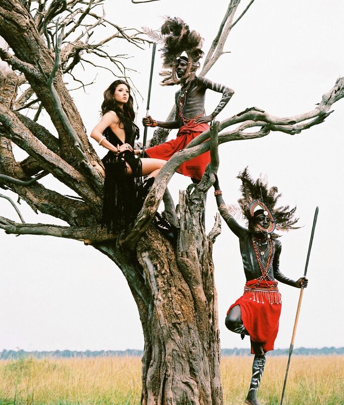 woman with tribal warriors
