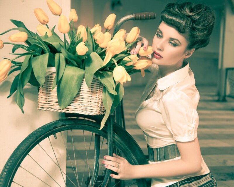 woman with tulips and bicycle