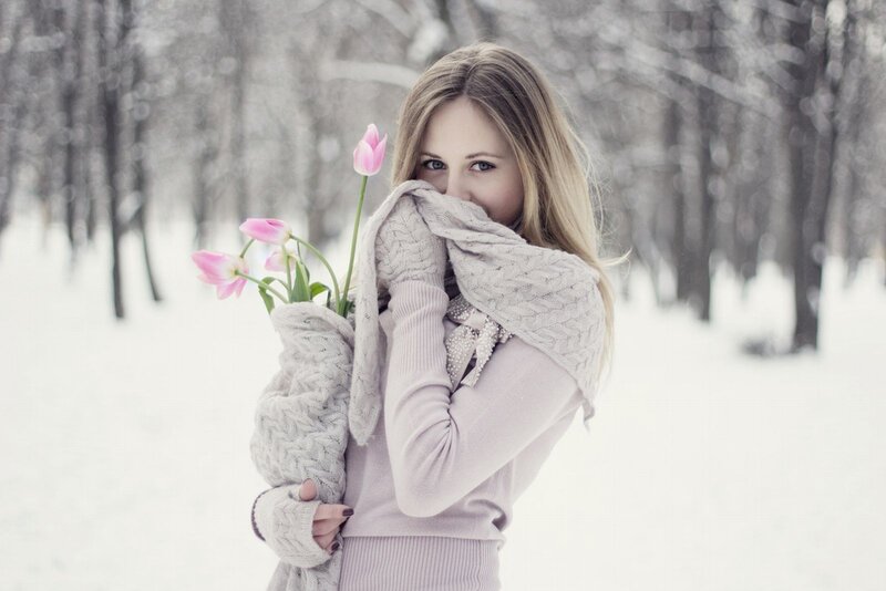 woman with tulips in winter