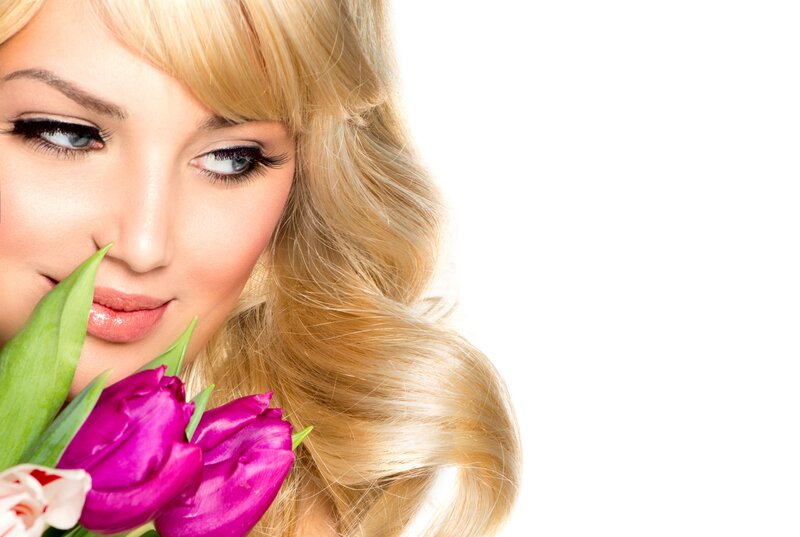 Woman with Tulips — Pink, Serene, Photograph