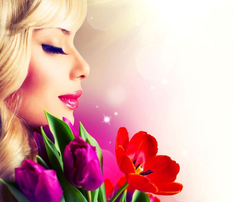 Woman with Tulips — Red, Serene