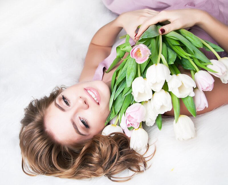 Woman with Tulips — White, Serene